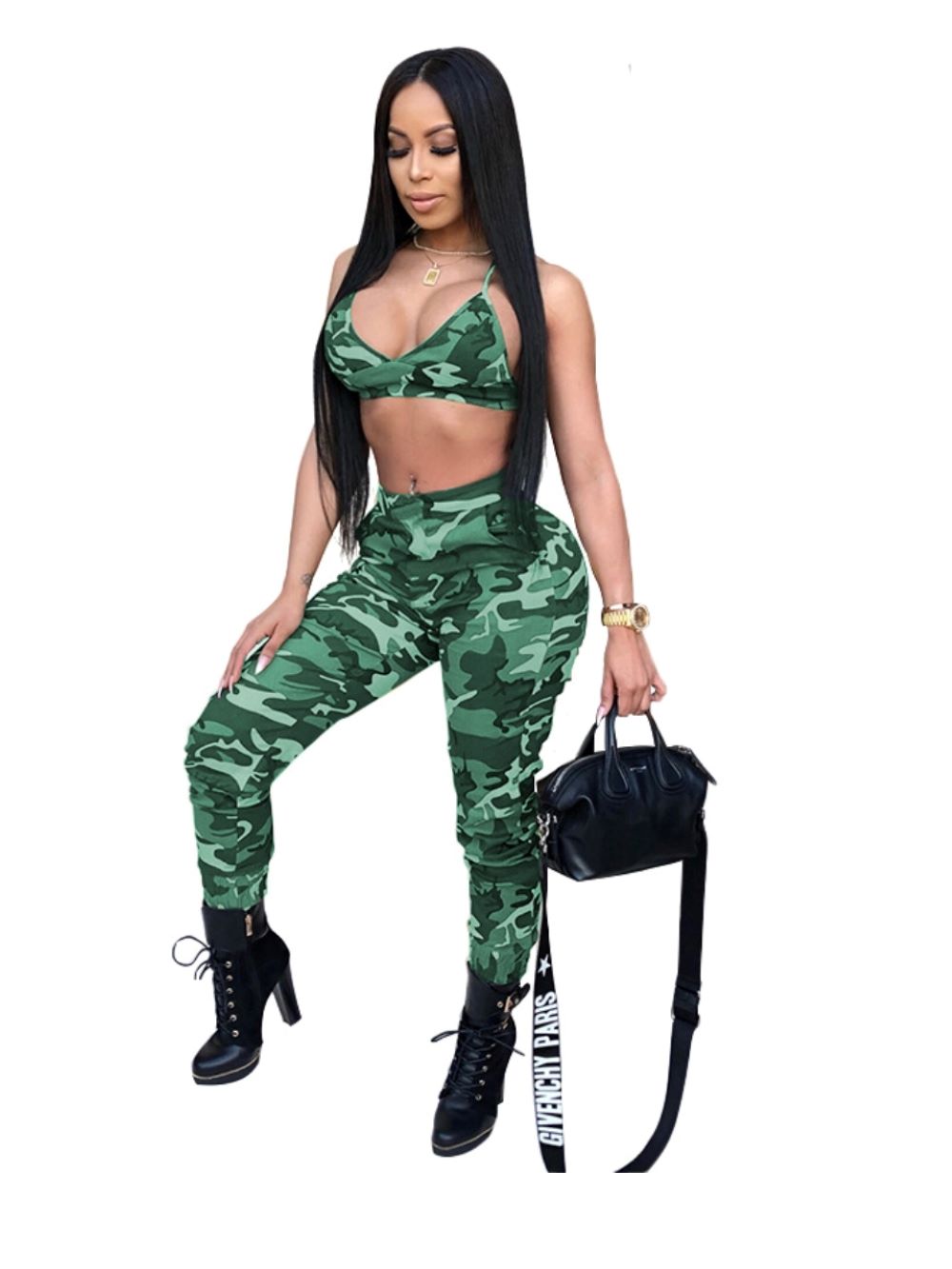 Green-Camouflage Two Piece Camouflage Legging & Bra Set - Image 1